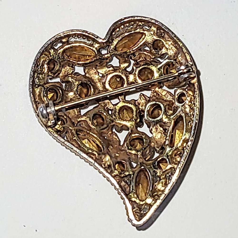 ABSTRACT HEART RHINESTONE PIN BROOCH - TEAL & CHAMPAGNE STONES - Picture 6 of 7